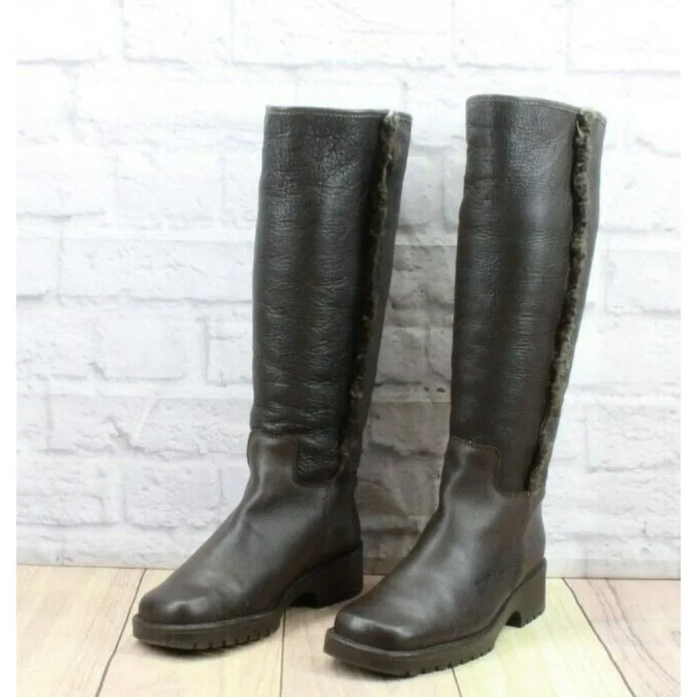 LL Bean Brown Leather Pull On Faux Fur Heeled Tall Boots Size 8 - Picture 2 of 11